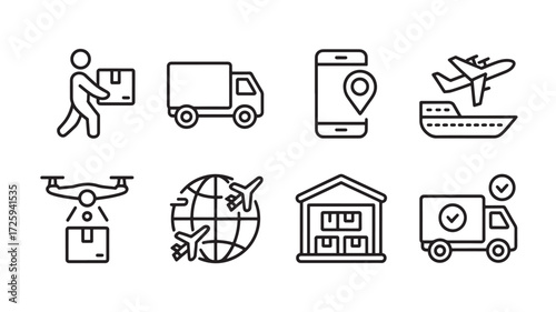 Vector art of delivery and logistics icons representing transportation methods