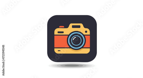 A flat design icon representing a vintage camera, suitable for photography apps, graphic design, or content creation platforms