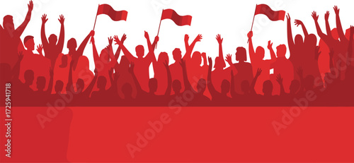 Red crowd silhouette, waving flags, unity celebration, public rally, protest energy, political movement, people gathering, activism, demonstration, patriotic spirit, bold design