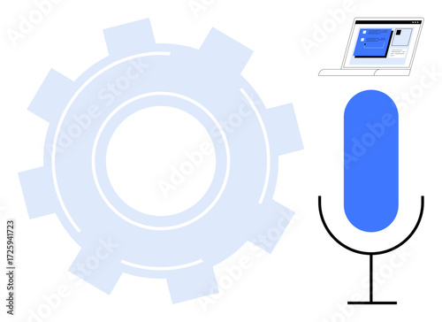 Gear, microphone, and screen interface representing voice recognition, automation, AI, tech integration, workflow optimization, digital communication and innovation. Ideal for AI speech tech