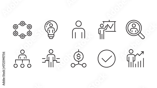 Vector art of business and management icons, linear style vector illustration