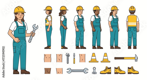 A Collection of Diverse Construction Workers and Their Tools for Professional Projects and Manual Labor