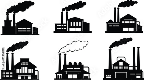 Collection of industrial factory silhouettes with chimneys, smoke stacks, refinery towers and buildings, vector illustration of energy production plants