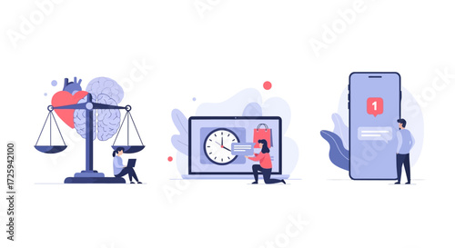 Illustrations depicting concepts of health management time efficiency and digital communication