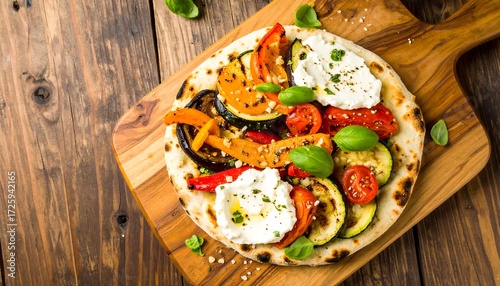Vegetarian flatbread with roasted vegetables and cheese