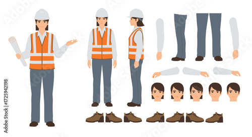 Construction Worker Character Design With Various Poses and Customizable Elements for Engineering and Industrial Projects