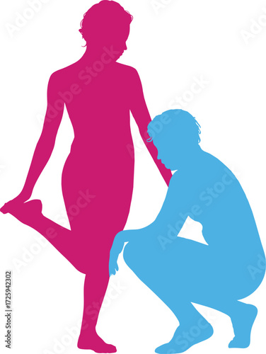 Silhouette, stretching, squatting, interaction, balance, connection, fitness, yoga, pose, teamwork, magenta, blue, human, posture, flexibility, wellness, minimal, white background, abstract, harmony