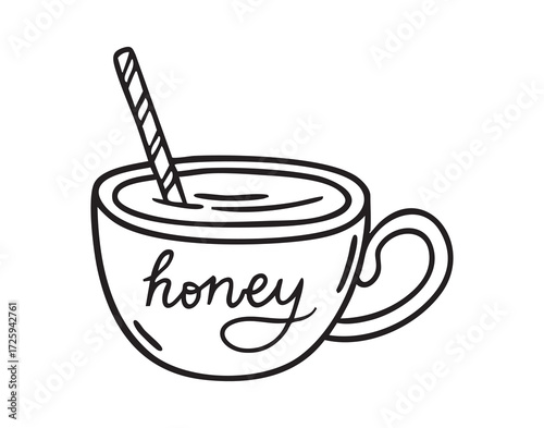 christmas mug with honey inscription and candy cane, monochrome line art hand drawn style, monochrome line art doodle hand drawn cartoon icon element