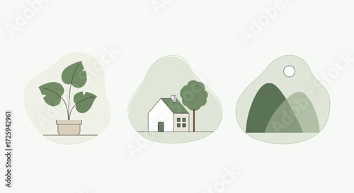 An abstract representation of nature featuring a potted plant a cozy home surrounded by trees and rolling green hills in a soothing color palette