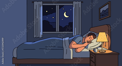 A Man Slumbers Peacefully in His Bedroom Under the Gentle Glow of a Night Light as the Moon Shines Brightly Outside