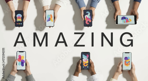 Multiple people holding smartphones displaying unique artistic colorful wallpapers celebrating amazing technology and modern communication