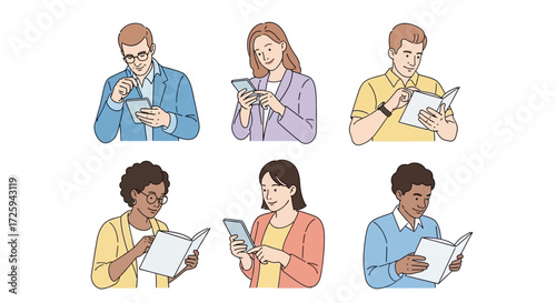 Diverse individuals engrossed in reading various materials showcasing individual learning and engagement with information in a modern setting