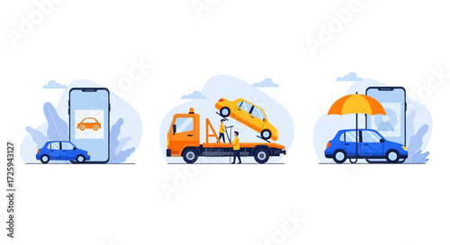 Automobile Assistance Service Icons Representing On Demand Roadside Help Vehicle Towing Protection And Insurance Coverage