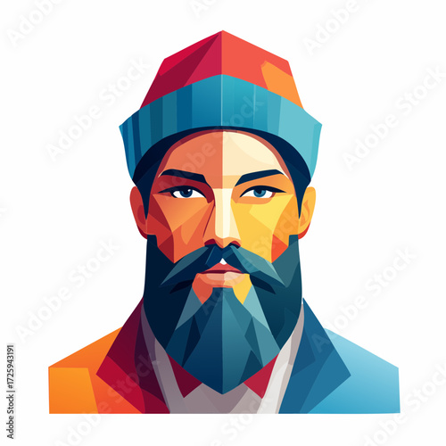 A vibrant and modern stylized portrait of a confident bearded man, crafted in a bold, geometric, and polygonal art style