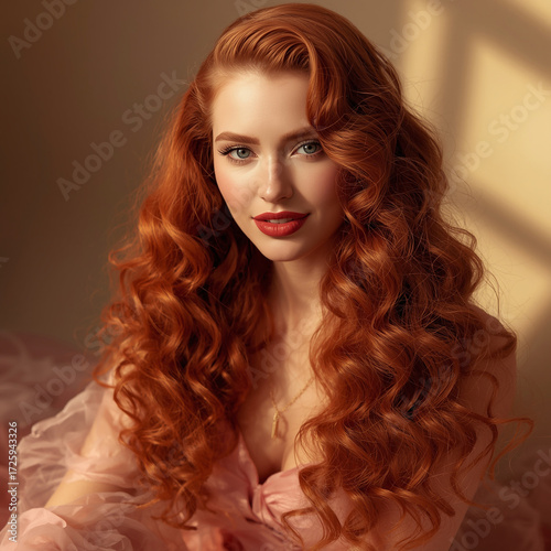 A beautiful woman with long, vibrant orange-red curls wearing an elegant flowing dress 