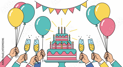 Celebrating A Special Occasion With A Festive Multi Layered Cake Sparkling Champagne And Colorful Balloons