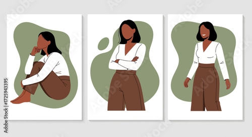 A Triptych of Abstract Illustrations Featuring a Woman in Various Pensive and Confident Poses against Soft Organic Shapes