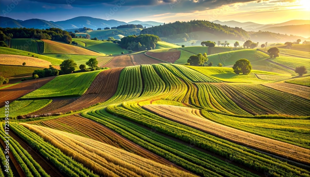 Fototapeta premium Picturesque Farmland Vista with Rolling Hills and Golden Sunrise, Agriculture Field
