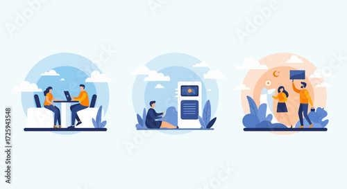 Illustrations showcasing people working collaboratively and interacting with technology in modern office environments