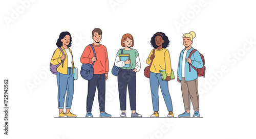 Diverse Group of Students Standing Together Holding Books and Backpacks Ready for Educational Pursuits and Learning