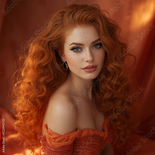 A beautiful woman with long, vibrant orange-red curls wearing an elegant flowing dress 