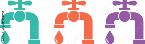 Water tap icons vector, dripping faucet, conserve water symbol, colorful design, environmental awareness, save water concept, minimal, isolated, clean, graphic