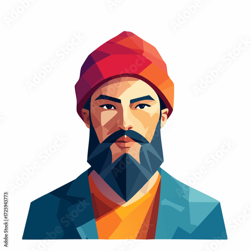 Stylized polygonal portrait of a handsome bearded man wearing a red beanie and a blue jacket, a modern geometric illustration