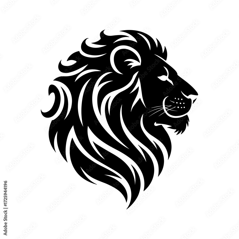 Fototapeta premium Vector lion silhouette logo, a stylish isolated king of the jangle lion head with flowing mane, a minimalist and diametric lion design on white background for logo, branding, and Illustration