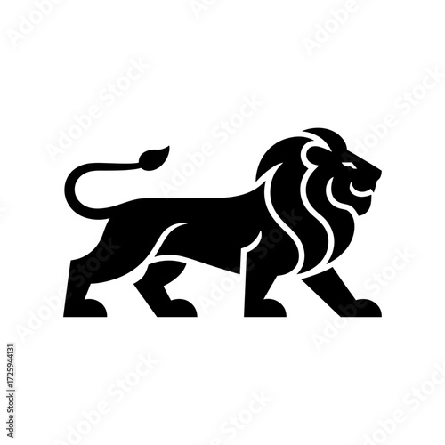 Minimalist lion logo icon, black silhouette of a walking male lion, modern corporate animal branding symbol on white background