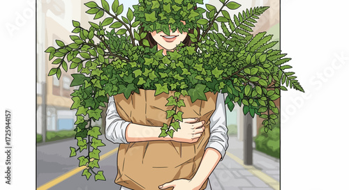 A person carries a large bouquet of green plants obscuring their face walking down a sidewalk outdoors in a city