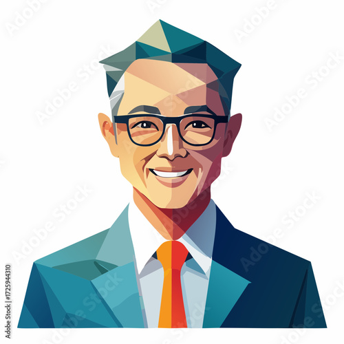 Stylized low-poly portrait of a smiling senior Asian businessman wearing glasses and a suit, a modern geometric vector illustration