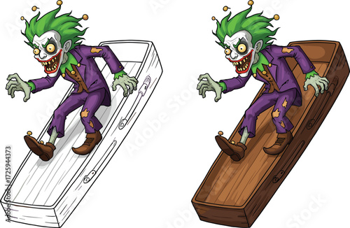 Zombie jester emerging from coffin, horror character illustration, creepy undead pose, cartoon villain design, stylized vector, eerie, isolated, graphic, bold