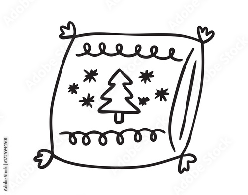 pillow with christmas tree and snowflakes. monochrome line art, monochrome line art, clean outline, hand drawn, monochrome line art doodle hand drawn cartoon icon element