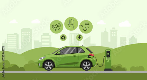 An Electric Vehicle Charging At A Green Charging Station With City Buildings In The Background Symbolizing Eco Friendly Transportation