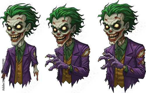 Zombie Joker character illustration, cartoon villain design, creepy undead pose, horror concept, stylized monster, comic art, scary, isolated, expressive, bold