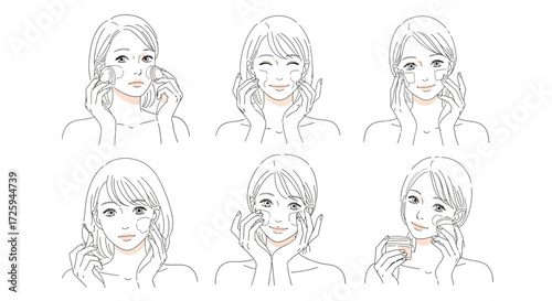Illustrations of Women Applying Skincare Products Demonstrating Various Facial Treatments and Self Care Routines
