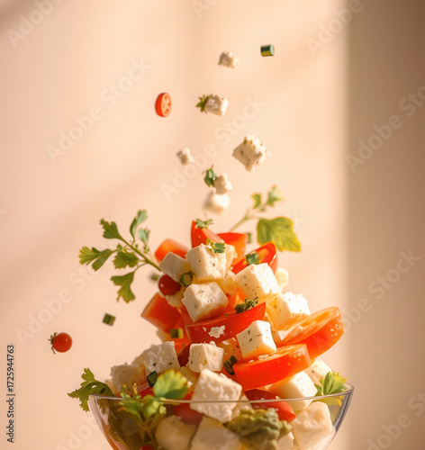 Greek salad. Glass bowl filled with feta cubes, tomato wedges, parsley and cucumber bits, feta and tomato pieces float upward against a warm beige background with depth. Levitating