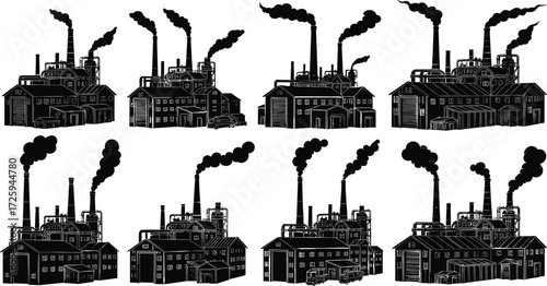 Industrial factory buildings with chimneys, heavy smoke stacks, old manufacturing warehouses, retro industry plants, power station illustration, black silhouette design