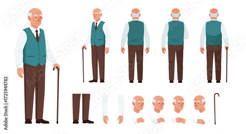 Elderly Gentleman Character Model Sheet with Multiple Poses and Facials Expressions for Animation and Illustration