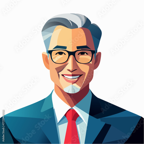 Modern vector art portrait of a confident and successful senior Asian businessman smiling, symbolizing leadership and corporate expertise