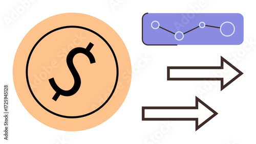 Dollar sign in peach circle, data graph in purple rectangular box, and two arrows pointing right. Ideal for finance, business strategy, investment, analytics, planning, marketing simple flat