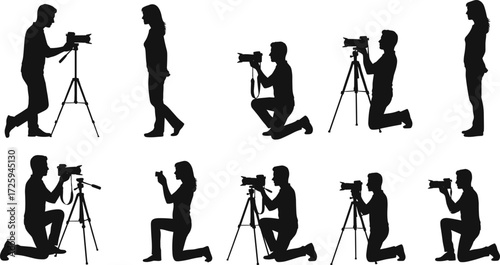 Photographer, model, silhouette, tripod, camera, pose, shooting, interaction, portrait, session, standing, kneeling, gear, composition, teamwork