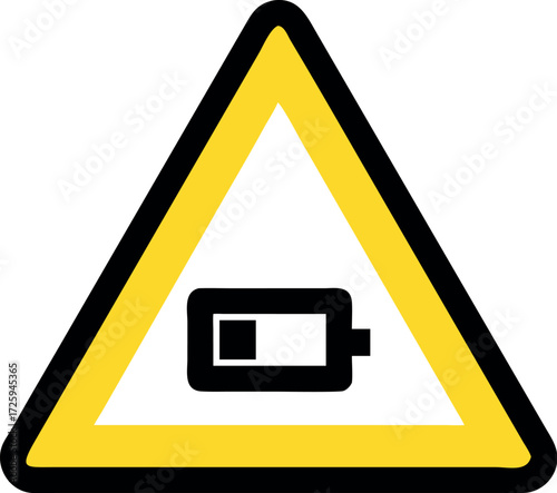 Low battery sign. Caution symbol for attention warning. Yellow triangular sign or icon symbol vector
