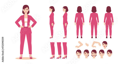A Professional Business Woman Character Design Collection Featuring Front Side Back Views and Expressive Facial Features and Hand Poses