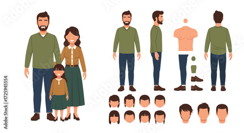 Collection of Diverse Family Members and Customizable Character Components for Animation or Design Projects Showcasing Different Generations and Styles
