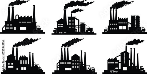 Industrial factory buildings with chimneys emitting smoke illustration, black silhouette manufacturing plants, power station, heavy industry production vector artwork design