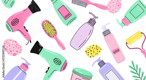 A Whimsical Collection of Personal Care Products Including Hairdryers Brushes Sponges and Various Bottles Arranged Artistically on a White Background