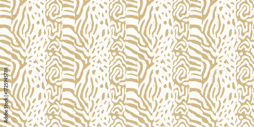 White and gold animal print. Vector seamless pattern. Trendy background with mixed abstract wildlife fur, spots, stripes, organic shapes. Leopard, zebra, tiger, snake skin texture. Repeated design