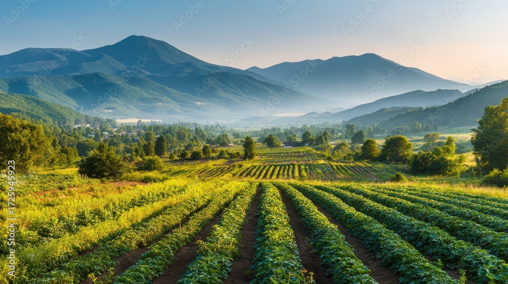 Fototapeta premium Lush green fields stretch across a valley, framed by a misty mountain range at sunrise.