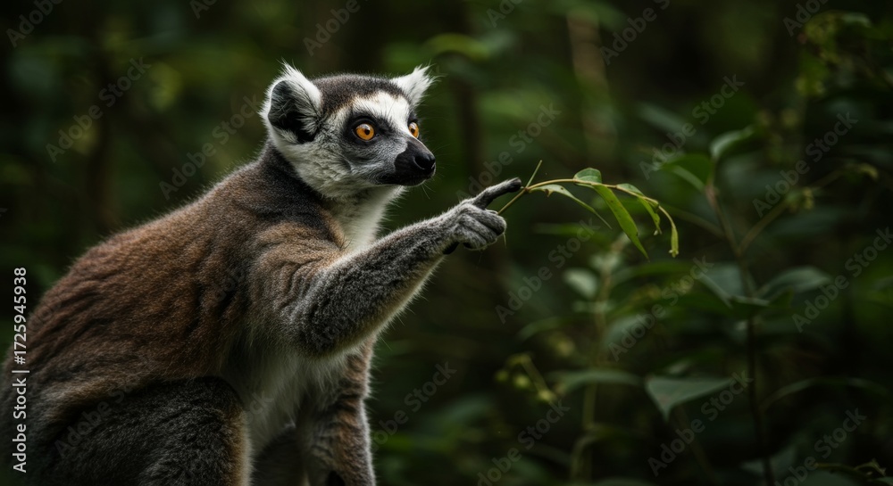 Obraz premium Ring-tailed Lemur Poses with Delicate Branch in Lush Green Habitat